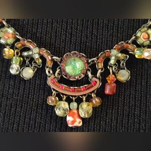 Ayala Bar Statement Necklace Signed Iridescent Green Glass Focal Boho Artisan